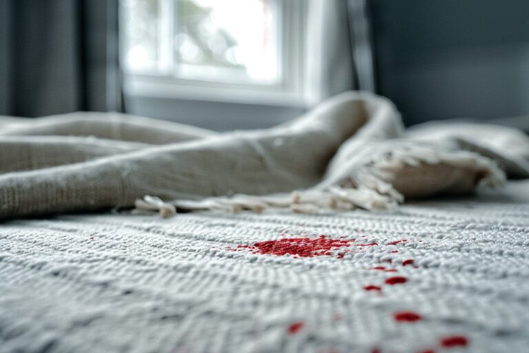 A small but clearly visible blood stain on a mattress